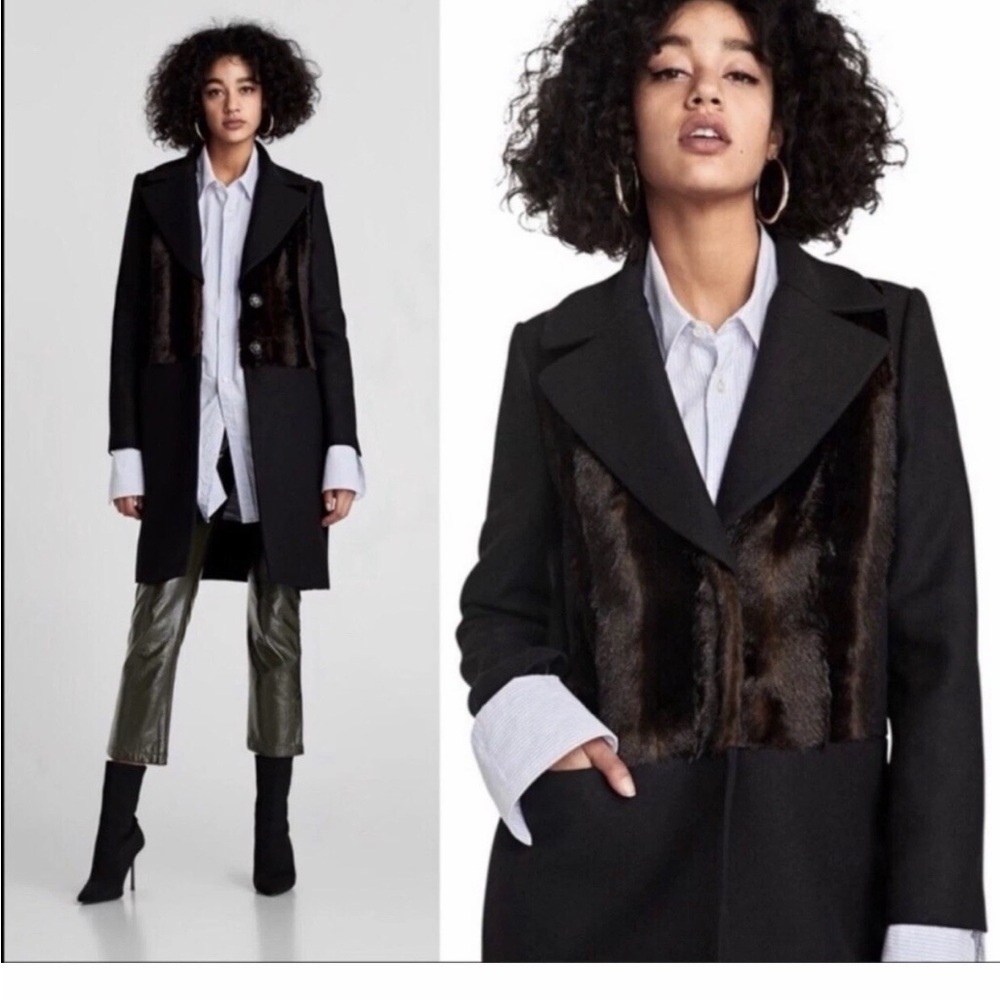 Zara Black Trench Coat with Faux Fur Panels